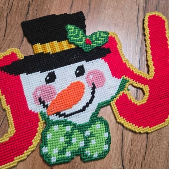 Joyful Snowman Cross-Stitch Wall Decor Holiday Christmas - Picture 2 of 3